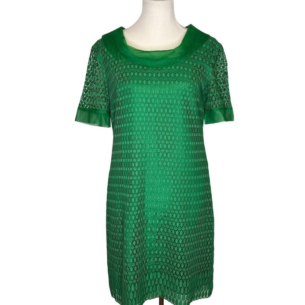 VTG R T Paras Manila Womens Emerald Green Lace Overlay Cowl Neck Shift Dress Med